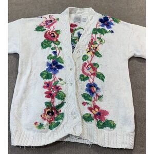 Cape Isle Knitters L Sweater Women Hand Knit  VTG Floral Cottage Granny Art